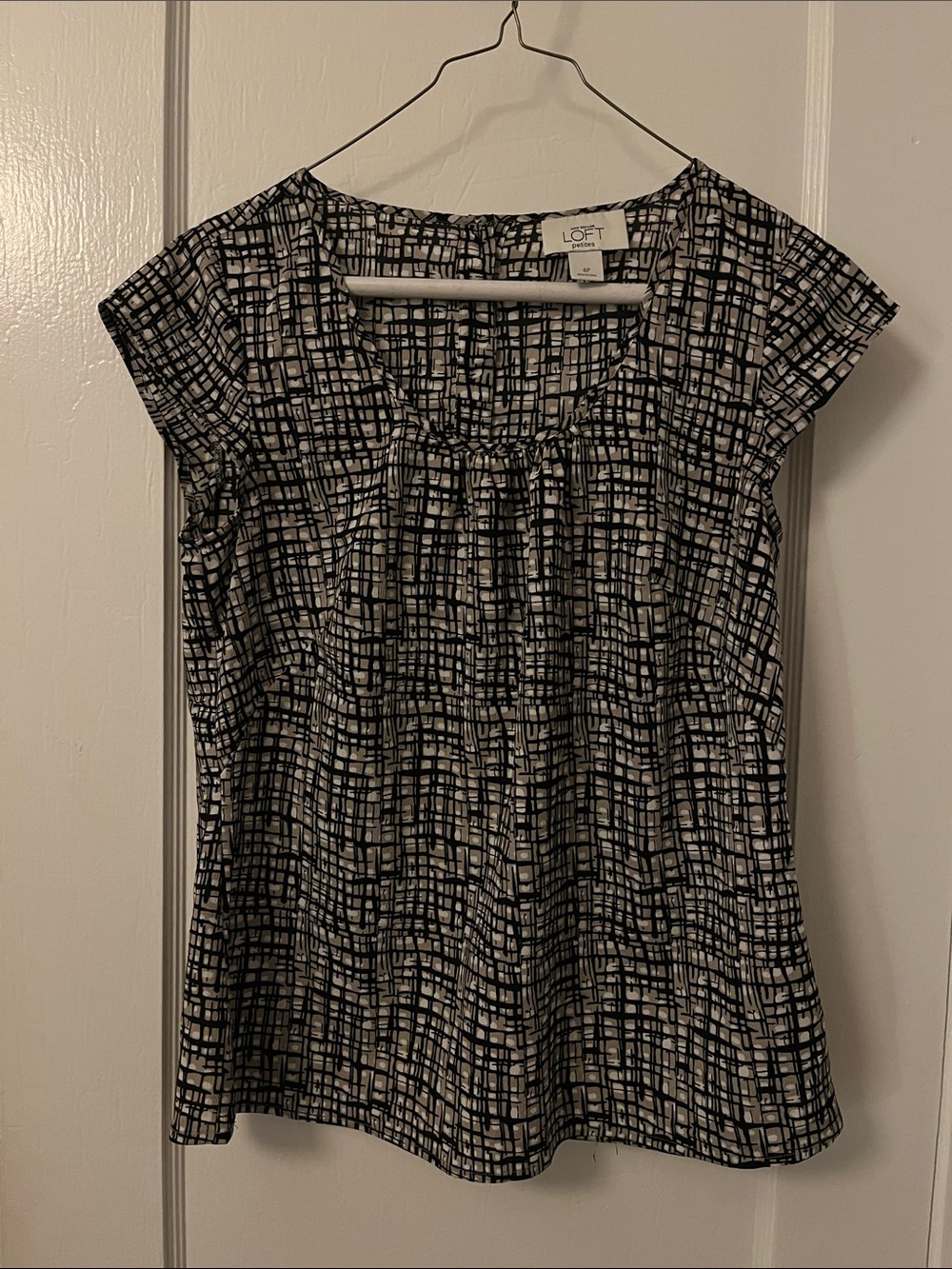 LOFT Black and White Grid-Print Cap Sleeve Blouse
